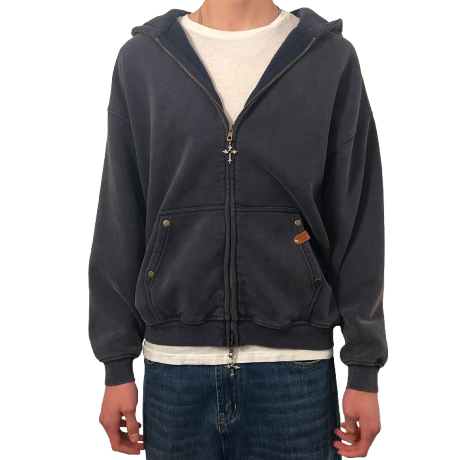 Oversized Double Zip Midnight Blue Hoodie